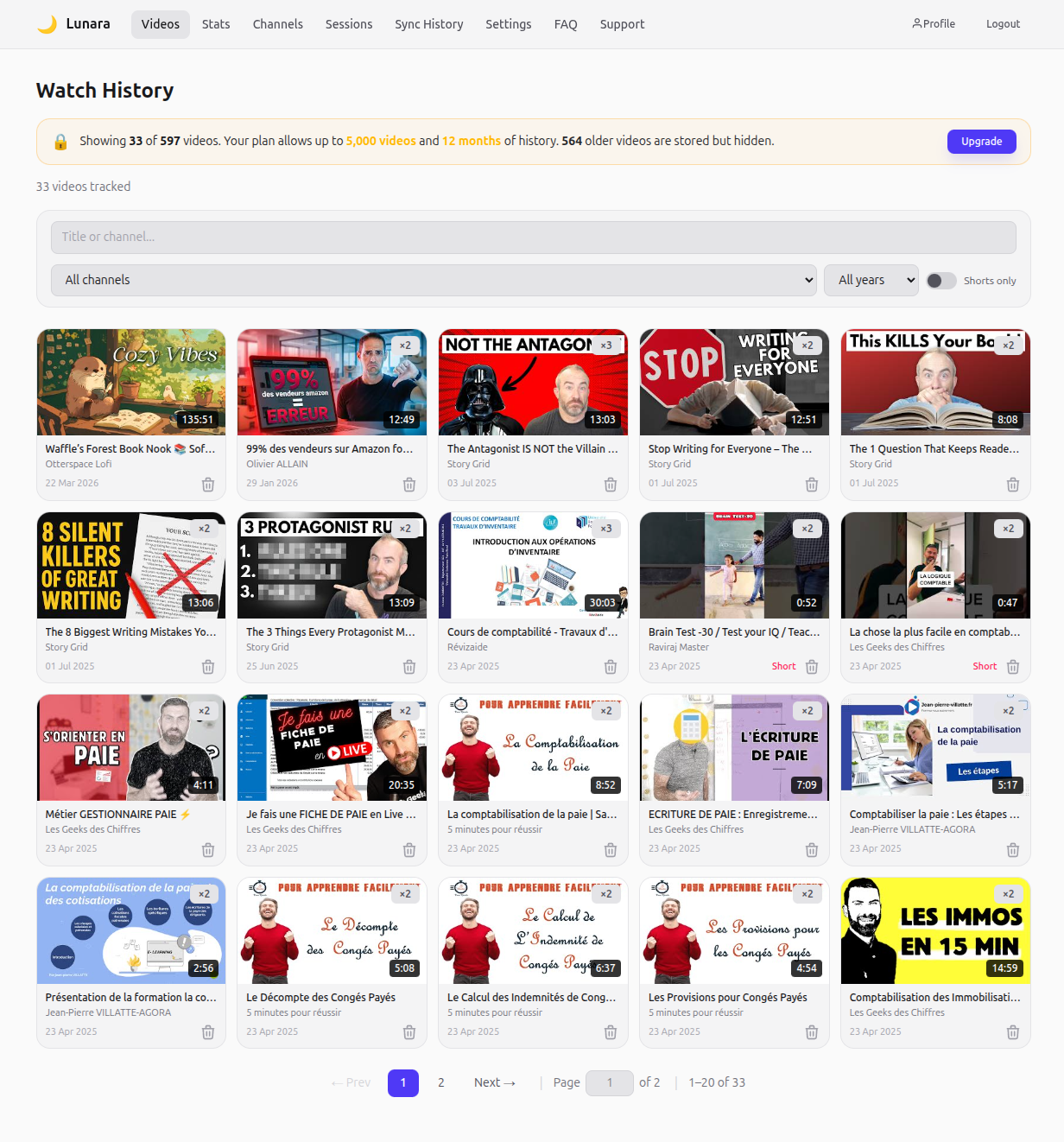 Gazenest dashboard - watch history